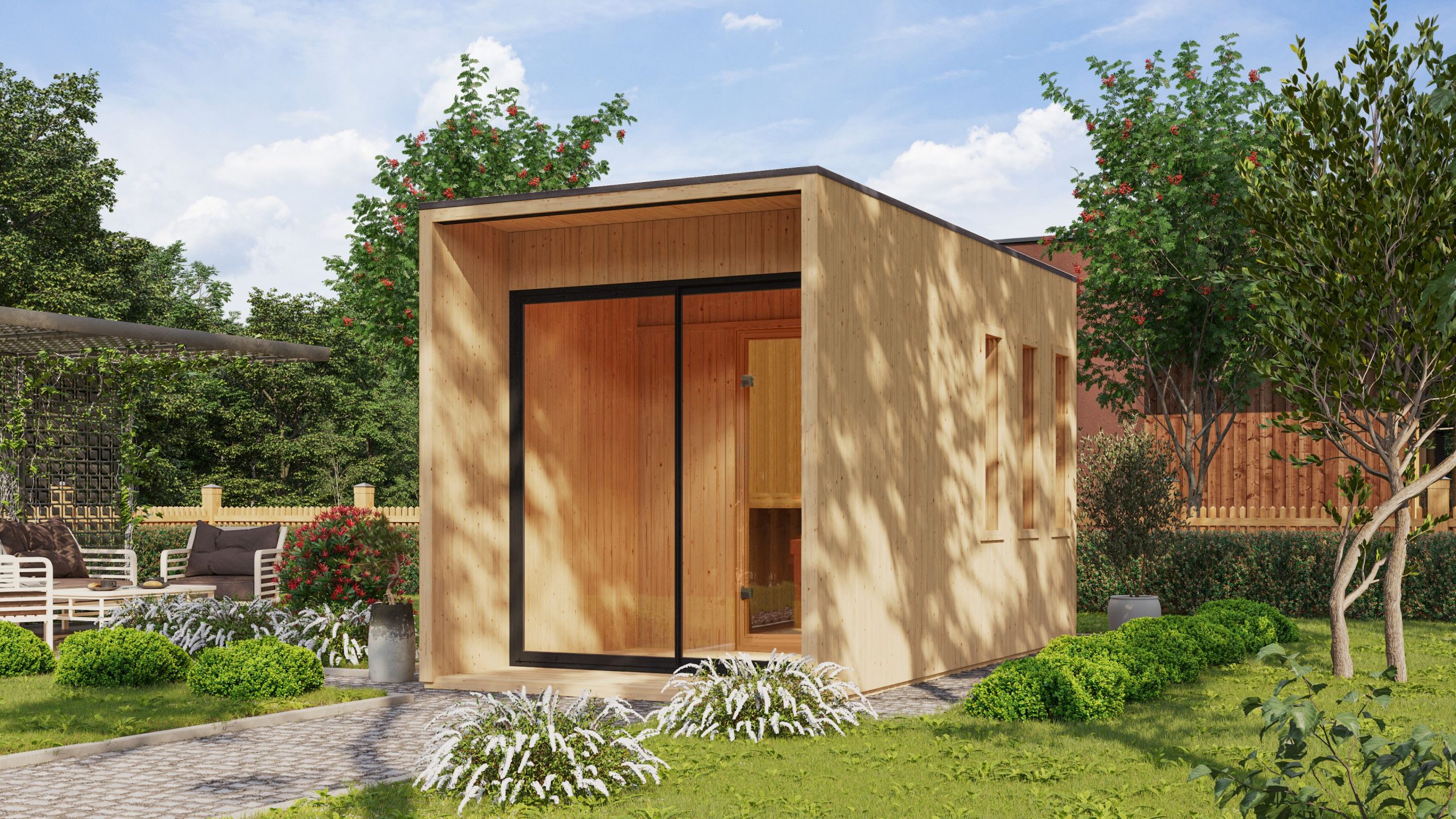 Karibu Design Saunahaus Miramar mit Vorraum - 73 mm schwarz Inkl. Terrasse Ohne Ofen - Gallery 3 Karibu Design Saunahaus Miramar mit Vorraum - 73 mm schwarz Inkl. Terrasse Ohne Ofen