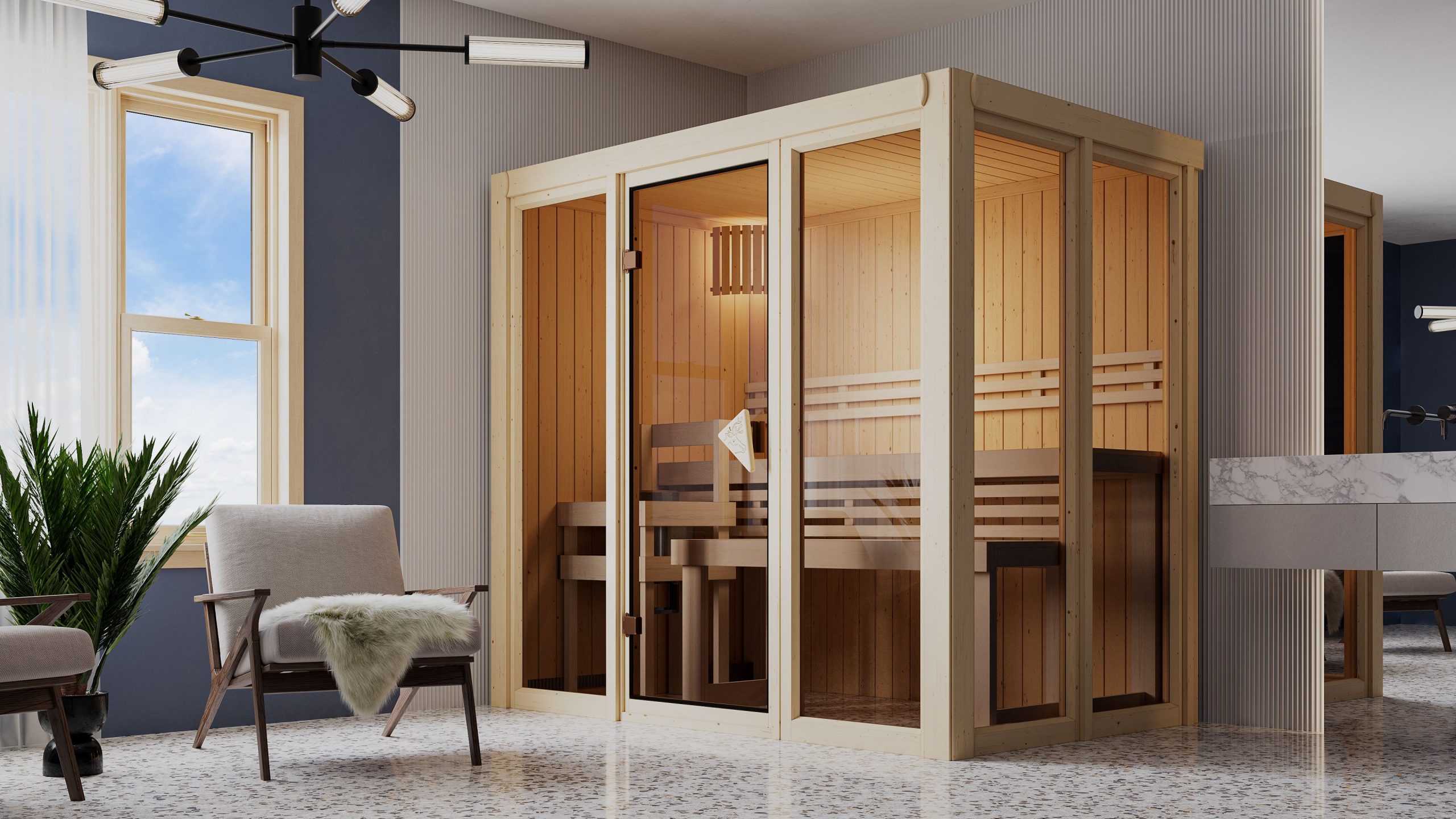 Karibu Sauna Irava 3 - 68 mm Systemsauna - 230 Volt Plug & Play Bronzierte Ganzglastür Ohne Dachkranz 3,6 kW Plug&Play Ofen mit integrierter Steuerung - Gallery 2 Karibu Sauna Irava 3 - 68 mm Systemsauna - 230 Volt Plug & Play Bronzierte Ganzglastür Ohne Dachkranz 3,6 kW Plug&Play Ofen mit integrierter Steuerung