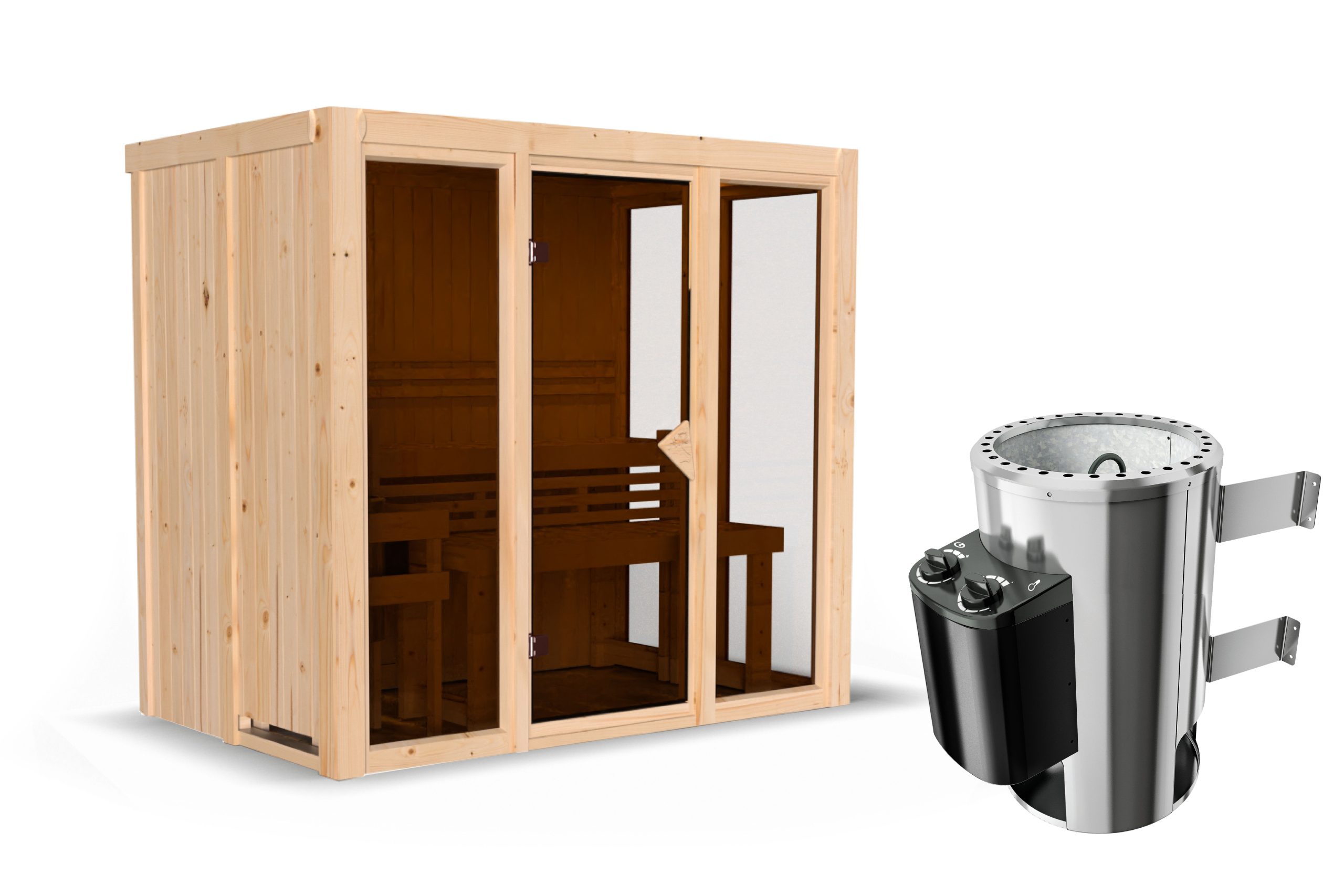 Karibu Sauna Irava 3 - 68 mm Systemsauna - 230 Volt Plug & Play Bronzierte Ganzglastür Ohne Dachkranz 3,6 kW Plug&Play Ofen mit integrierter Steuerung - Gallery 1 Karibu Sauna Irava 3 - 68 mm Systemsauna - 230 Volt Plug & Play Bronzierte Ganzglastür Ohne Dachkranz 3,6 kW Plug&Play Ofen mit integrierter Steuerung