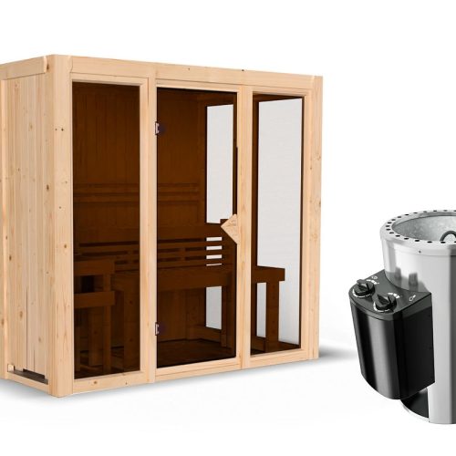 Karibu Sauna Irava 3 - 68 mm Systemsauna - 230 Volt Plug & Play Bronzierte Ganzglastür Ohne Dachkranz 3,6 kW Plug&Play Ofen mit integrierter Steuerung