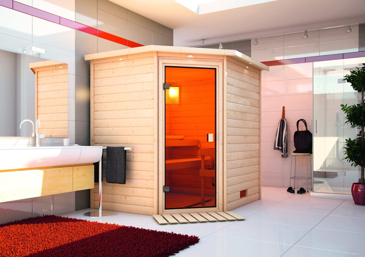 Karibu Woodfeeling Sauna Mia – 38 mm -Inkl. Dachkranz-Klarglas Ganzglastür-9 kW Bio-Kombiofen inkl. Steuergerät - Gallery 2 Karibu Woodfeeling Sauna Mia – 38 mm -Inkl. Dachkranz-Klarglas Ganzglastür-9 kW Bio-Kombiofen inkl. Steuergerät