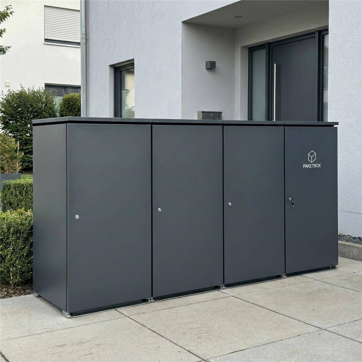 Metzler Mülltonnenbox | 3er mit Paketbox | Extra großes Volumen | Aus Aluminium | Höhenverstellbare Füße | Anthrazit - Gallery 4 Metzler Mülltonnenbox | 3er mit Paketbox | Extra großes Volumen | Aus Aluminium | Höhenverstellbare Füße | Anthrazit