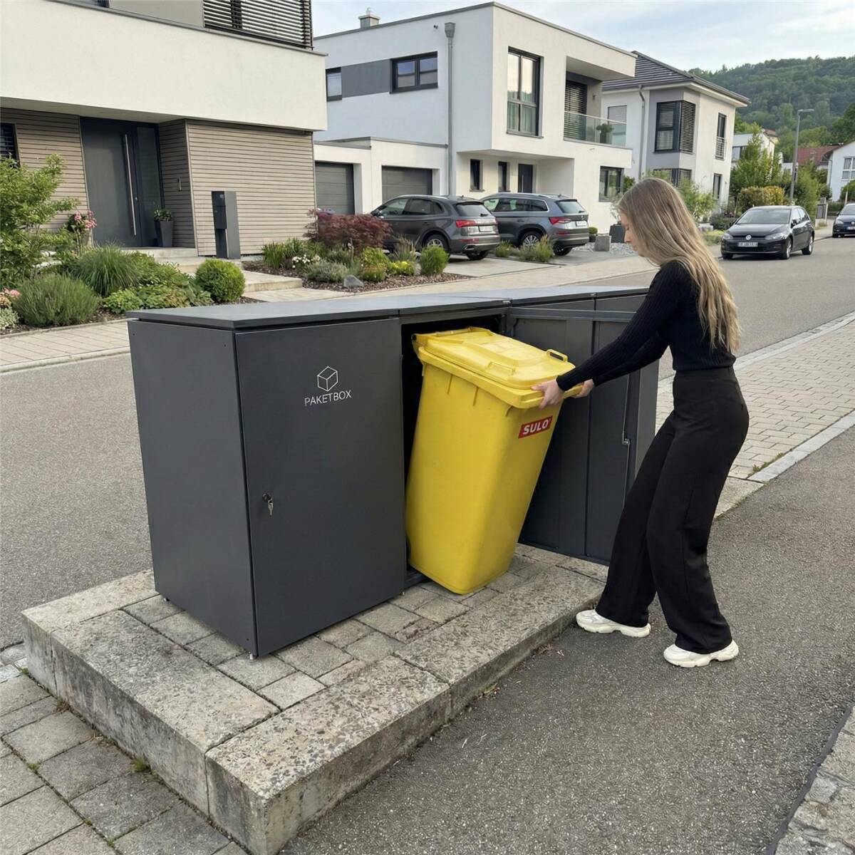 Metzler Mülltonnenbox | 3er mit Paketbox | Extra großes Volumen | Aus Aluminium | Höhenverstellbare Füße | Anthrazit - Gallery 5 Metzler Mülltonnenbox | 3er mit Paketbox | Extra großes Volumen | Aus Aluminium | Höhenverstellbare Füße | Anthrazit