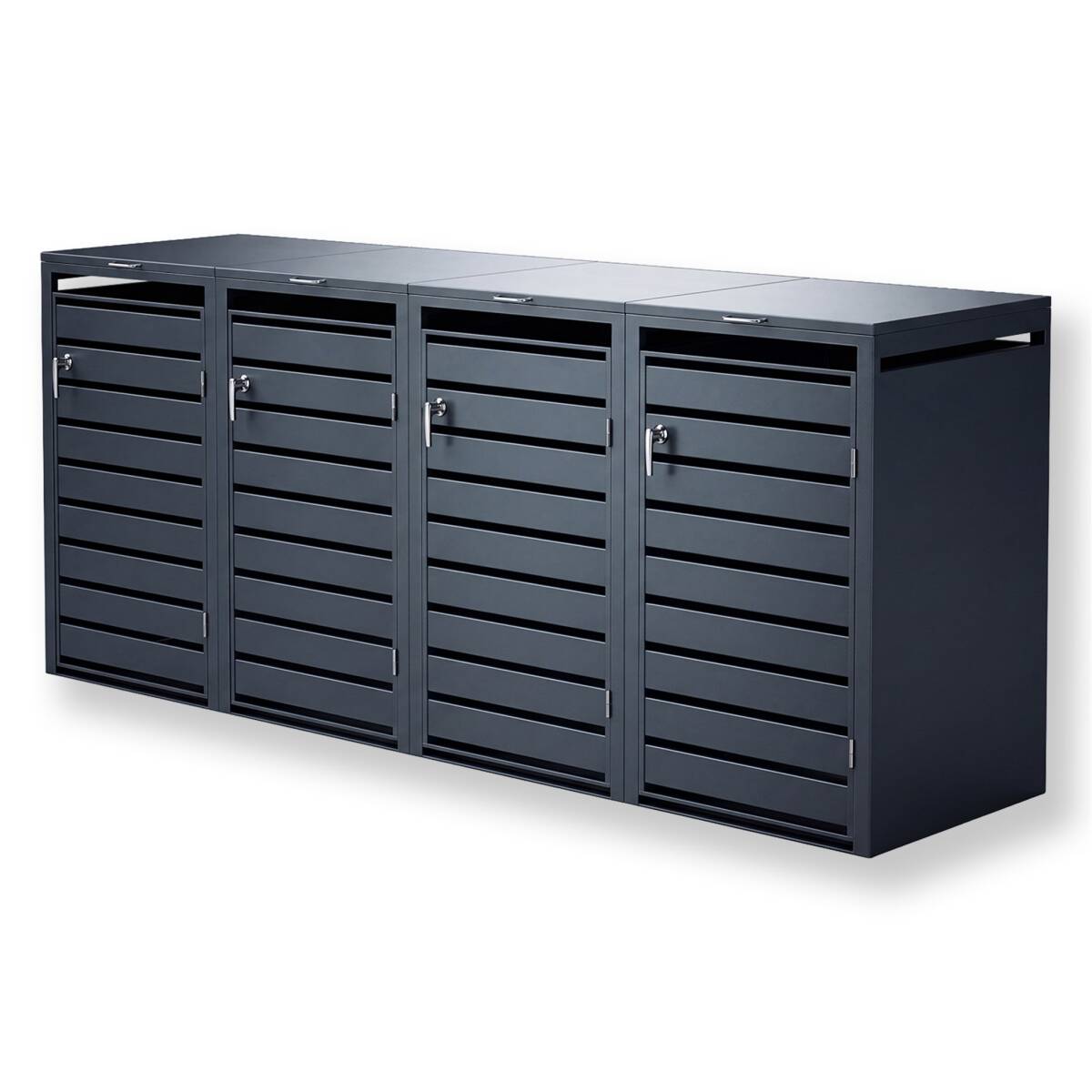 Metzler Mülltonnenbox | 4er | 240l | Anthrazit RAL 7016 | aus Stahl | mit Sichtstreifen | rostfrei & massiv | Türgriff mit Schloss Metzler Mülltonnenbox | 4er | 240l | Anthrazit RAL 7016 | aus Stahl | mit Sichtstreifen | rostfrei & massiv | Türgriff mit Schloss