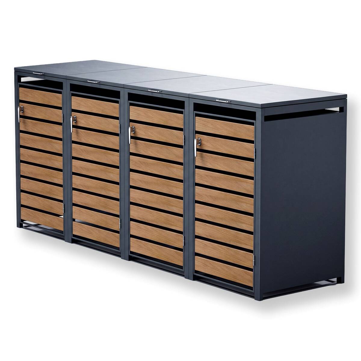 Metzler Mülltonnenbox | 4er | 240l | in Holzoptik | Anthrazit RAL 7016 | aus Stahl | rostfrei & massiv | Türgriff mit Schloss Metzler Mülltonnenbox | 4er | 240l | in Holzoptik | Anthrazit RAL 7016 | aus Stahl | rostfrei & massiv | Türgriff mit Schloss