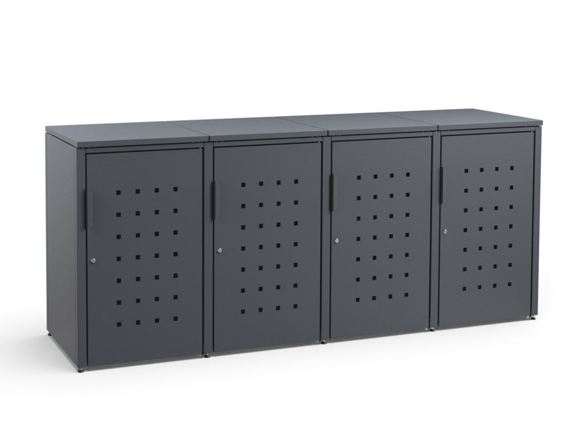 Mülltonnenbox 4er Anthrazit aus Metall mit Schloss 120 Liter MEISTERBOX Mülltonnenbox 4er Anthrazit aus Metall mit Schloss 120 Liter MEISTERBOX