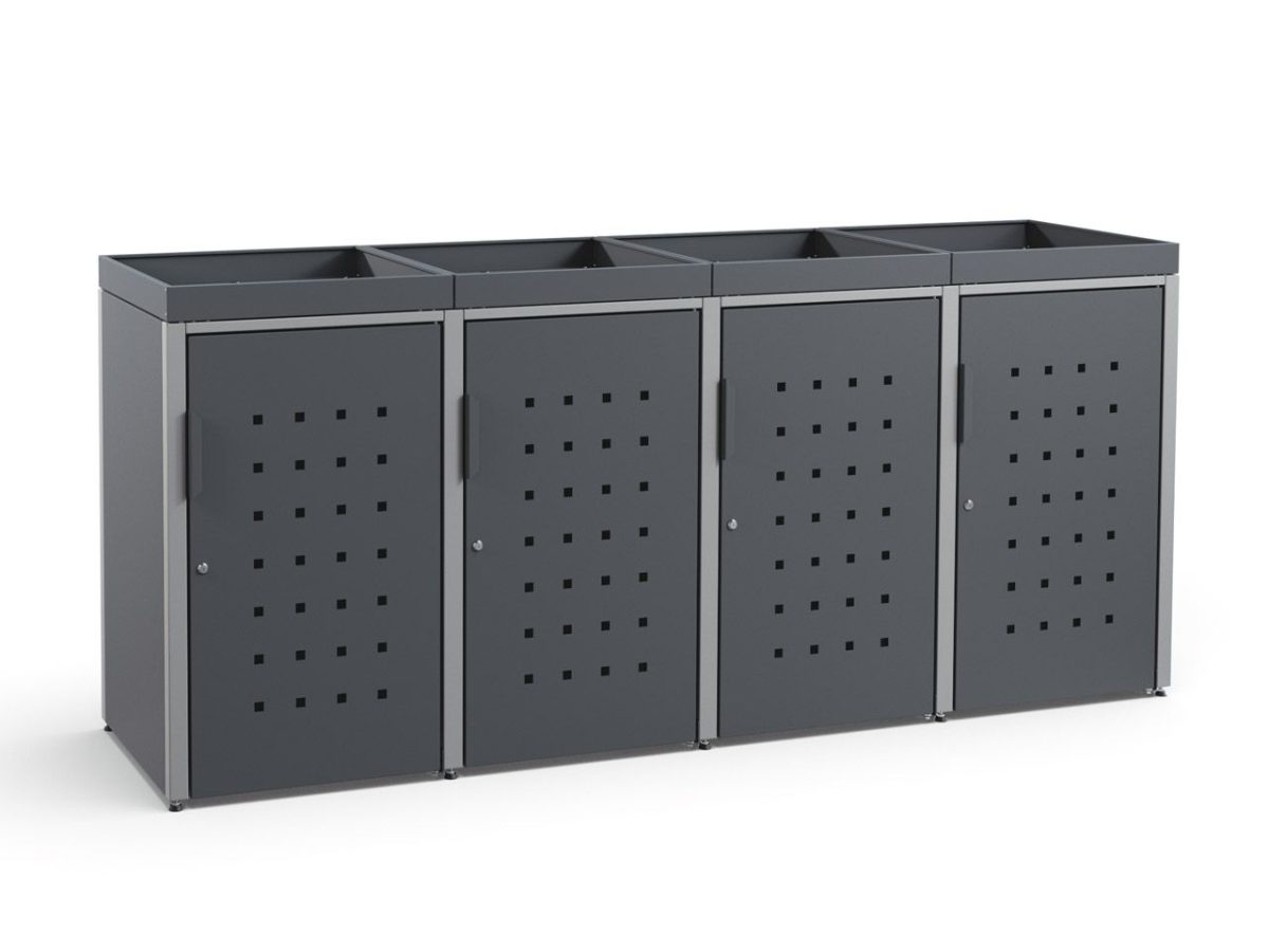 4er Mülltonnenbox Anthrazit aus Metall mit Pflanzdach 120 Liter MEISTERBOX 4er Mülltonnenbox Anthrazit aus Metall mit Pflanzdach 120 Liter MEISTERBOX