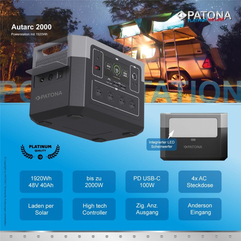 PATONA - Platinum Powerstation Autarc 2000 / 2000W 1920Wh PD100W USB5V/3A DC12V/10A DC5525