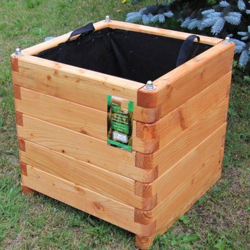 Pflanzkasten 100x100x50 cm aus Lärche geschraubt mit Vlies, gerundeten Ecken und Griffen