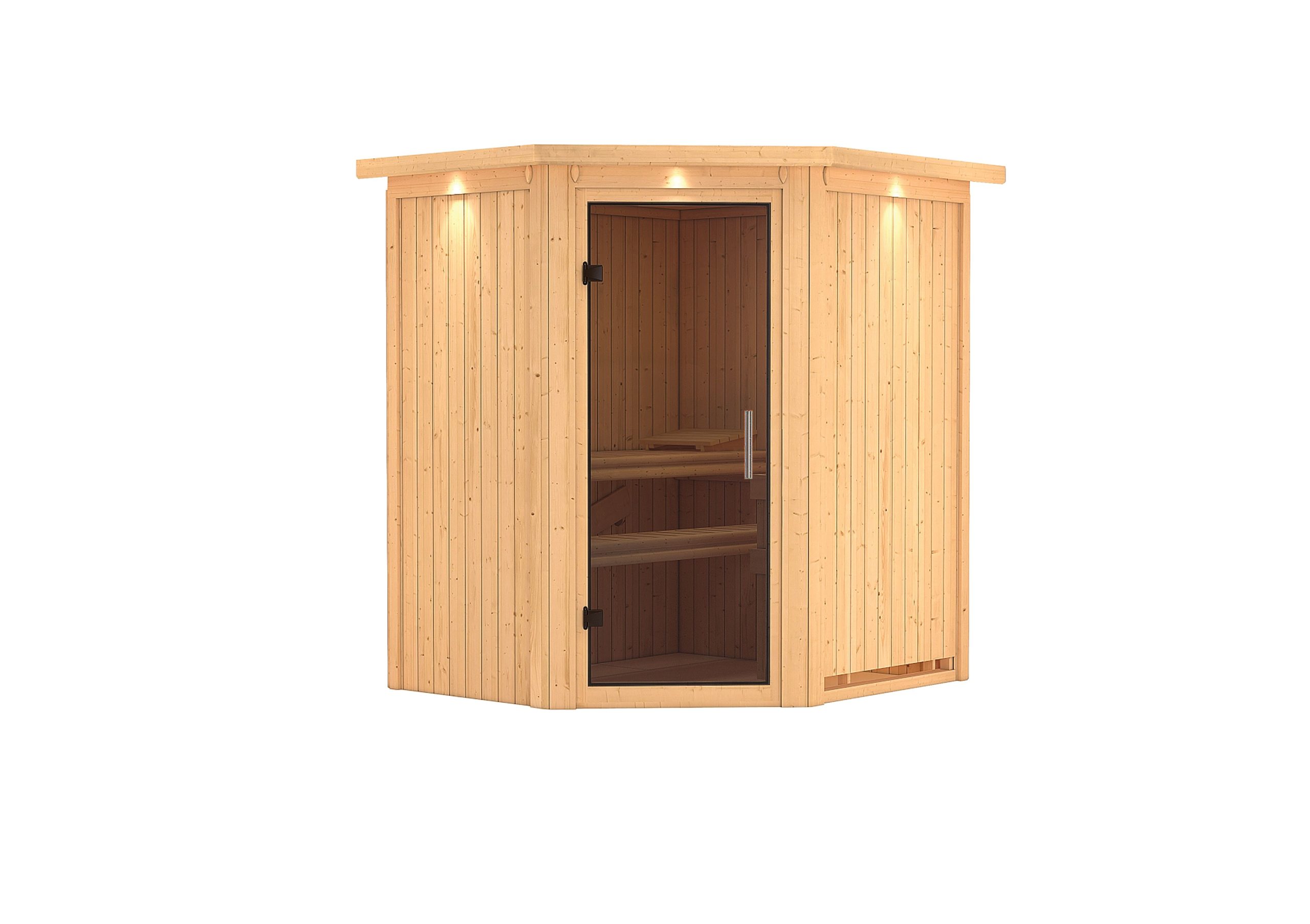 Karibu Sauna Taurin mit Eckeinstieg 68 mm-Ohne Ofen-Inkl. Dachkranz-Ganzglastür in Graphit-Optik - Gallery 1 Karibu Sauna Taurin mit Eckeinstieg 68 mm-Ohne Ofen-Inkl. Dachkranz-Ganzglastür in Graphit-Optik