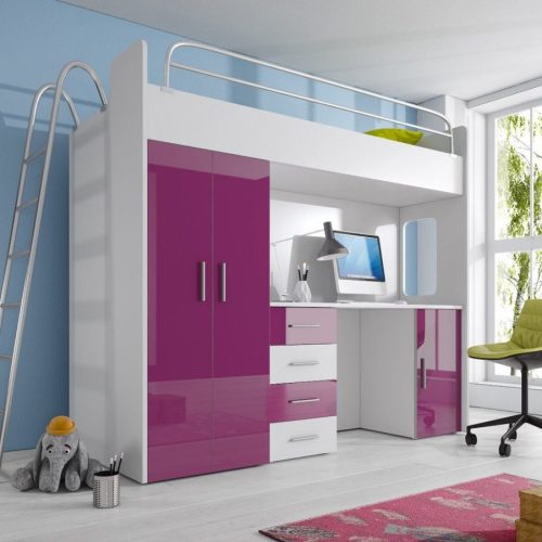 VIOLETT DOPPELSTOCKBETT STOCKBETT BETT KINDERZIMMER ETAGENBETT MIT SCHREIBTISCH