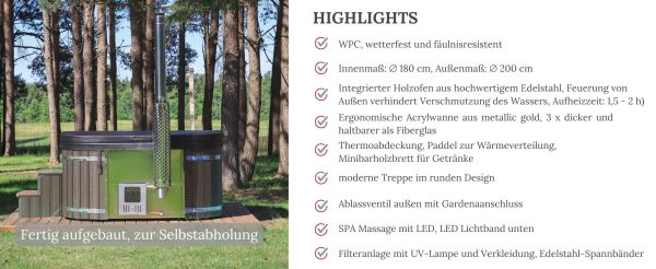 Suleno Hot Tub WPC 200 x 200 cm Whirlpool mit integriertem Holzofen und Acryl-Einsatz