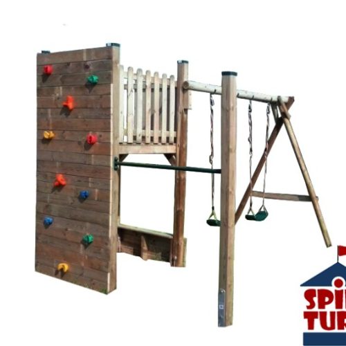 Spielturm Tina mit Klettewand, Anbaureck und Doppelschaukel Spielturm Tina mit Klettewand, Anbaureck und Doppelschaukel