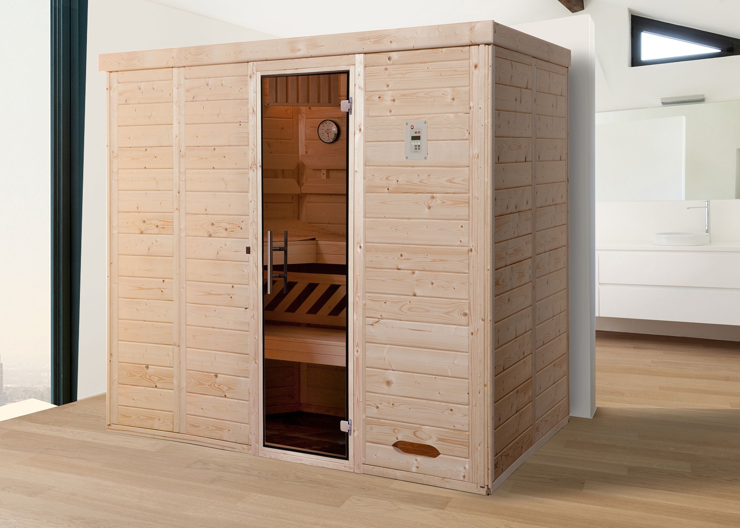 Weka Premium Massivholz-Elementsauna Kemi 5 mit Glastür - 45 mm 7,5 kW Saunaofen OS inkl. Steuerung